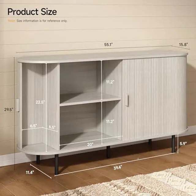 Alt view image 2 of 7 - ONBRILL 55" Sideboard Buffet Cabinet with Storage, Storage Cabinet with Sliding Door & Adjustable Shelf, Modern Accent Coffee Bar Console Table for Kitchen, Entryway, Natural White