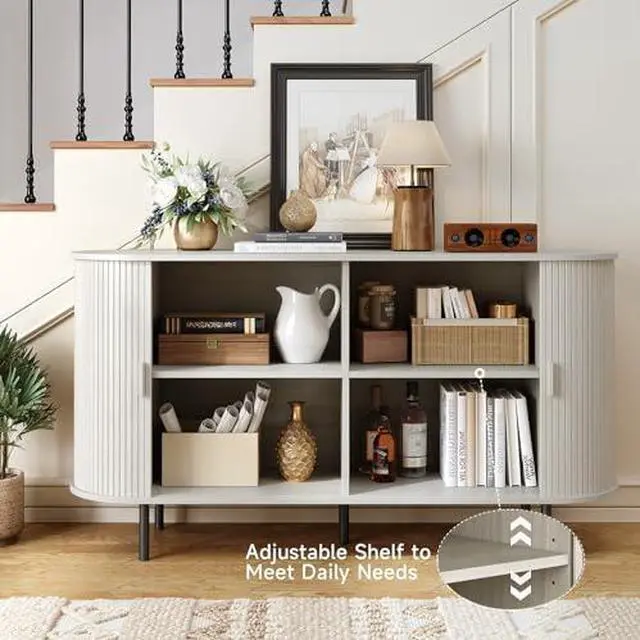Alt view image 3 of 7 - ONBRILL 55" Sideboard Buffet Cabinet with Storage, Storage Cabinet with Sliding Door & Adjustable Shelf, Modern Accent Coffee Bar Console Table for Kitchen, Entryway, Natural White