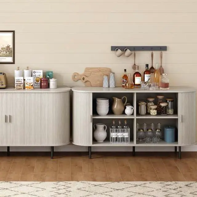 Alt view image 6 of 7 - ONBRILL 55" Sideboard Buffet Cabinet with Storage, Storage Cabinet with Sliding Door & Adjustable Shelf, Modern Accent Coffee Bar Console Table for Kitchen, Entryway, Natural White