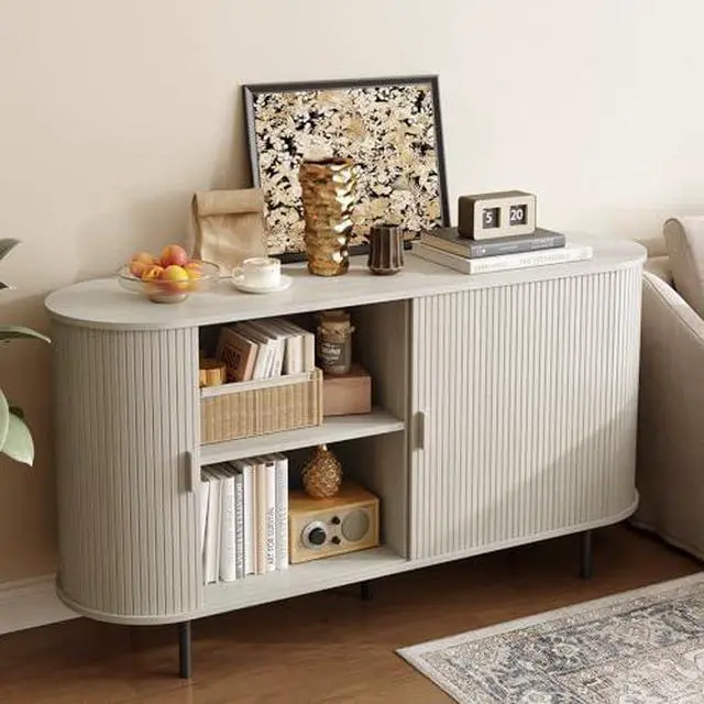 Alt view image 7 of 7 - ONBRILL 55" Sideboard Buffet Cabinet with Storage, Storage Cabinet with Sliding Door & Adjustable Shelf, Modern Accent Coffee Bar Console Table for Kitchen, Entryway, Natural White