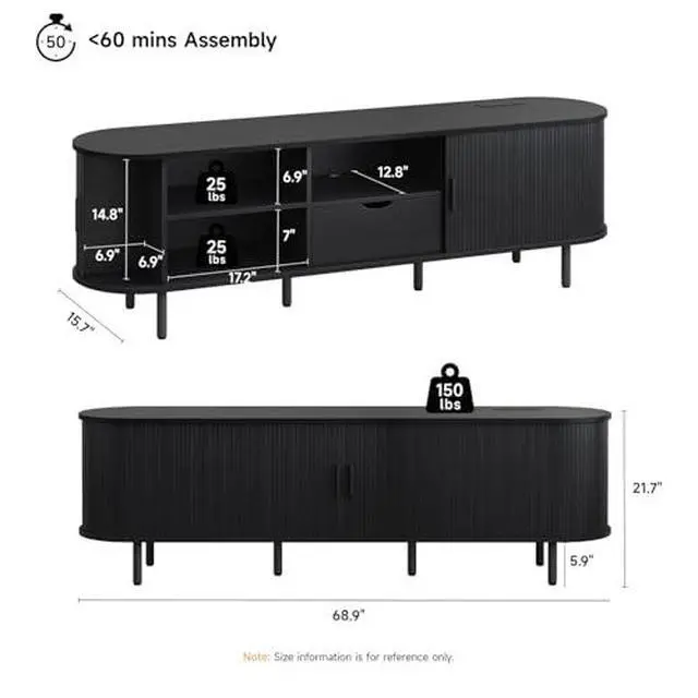 Alt view image 2 of 6 - ONBRILL 69" TV Stand with Power Outlet for TVs up to 80", Entertainment Center with Storage and Drawer, TV Console with Adjustable Shelves and Sliding Door, TV Stand for Living Room, Bedroom, Black