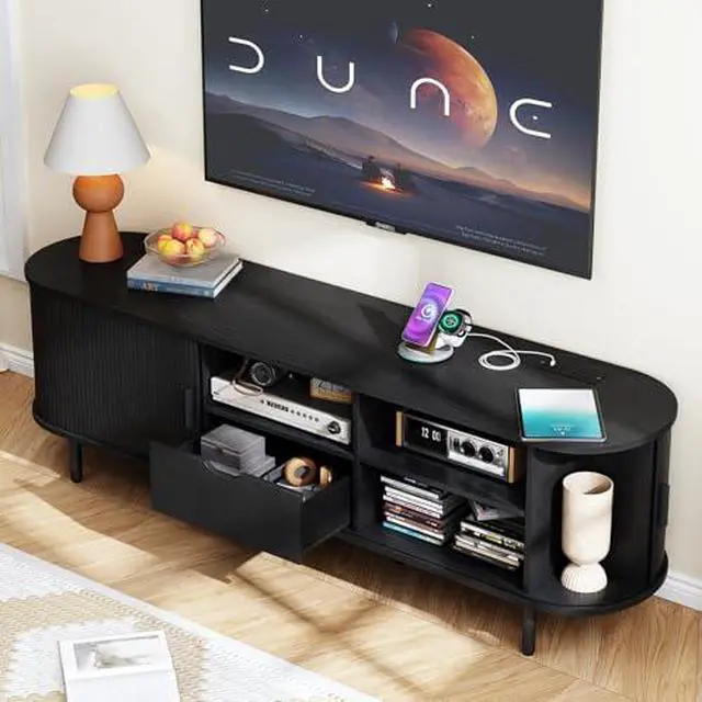 Alt view image 3 of 6 - ONBRILL 69" TV Stand with Power Outlet for TVs up to 80", Entertainment Center with Storage and Drawer, TV Console with Adjustable Shelves and Sliding Door, TV Stand for Living Room, Bedroom, Black