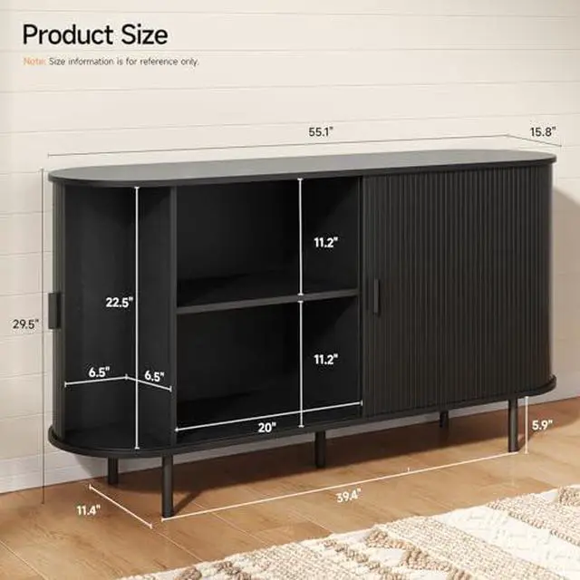 Alt view image 2 of 7 - ONBRILL 55" Sideboard Buffet Cabinet with Storage, Storage Cabinet with Sliding Door & Adjustable Shelf, Modern Accent Coffee Bar Cabinet Console Table for Kitchen, Entryway, Black