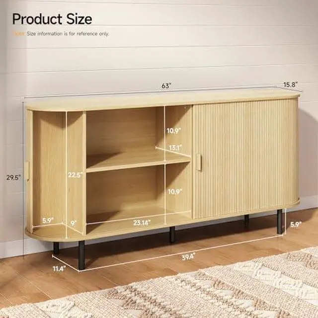 Alt view image 2 of 7 - ONBRILL 63" Sideboard Buffet Cabinet with Storage, Storage Cabinet with Sliding Door & Adjustable Shelf, Modern Accent Coffee Bar Console Table for Kitchen, Entryway, Oak