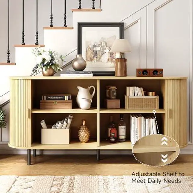 Alt view image 3 of 7 - ONBRILL 63" Sideboard Buffet Cabinet with Storage, Storage Cabinet with Sliding Door & Adjustable Shelf, Modern Accent Coffee Bar Console Table for Kitchen, Entryway, Oak