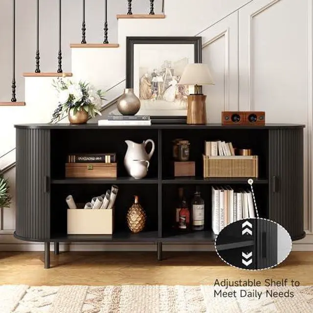 Alt view image 3 of 7 - ONBRILL 63" Sideboard Buffet Cabinet with Storage, Storage Cabinet with Sliding Door & Adjustable Shelf, Modern Accent Coffee Bar Console Table for Kitchen, Entryway, Black