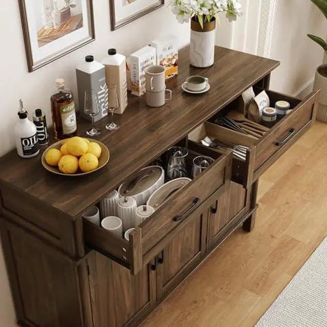 Alt view image 6 of 6 - ONBRILL 48 Inch Buffet Cabinet with Storage, Farmhouse Sideboard Buffet w/2 Drawers and 3 Doors, Wood Coffee Bar Cabinet with Adjustable Shelves, Sideboard Storage for Kitchen, Living Room, Walnut