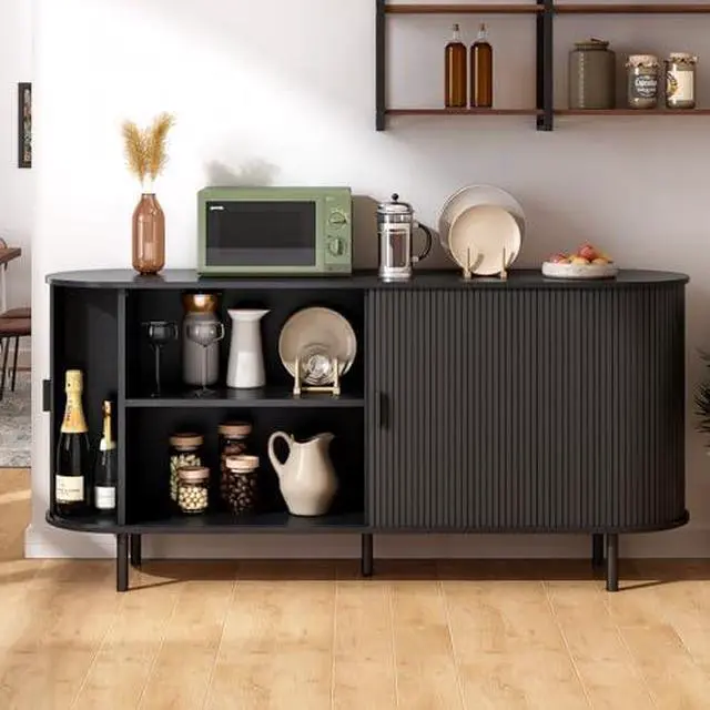 Alt view image 4 of 7 - ONBRILL 63" Sideboard Buffet Cabinet with Storage, Storage Cabinet with Sliding Door & Adjustable Shelf, Modern Accent Coffee Bar Console Table for Kitchen, Entryway, Black