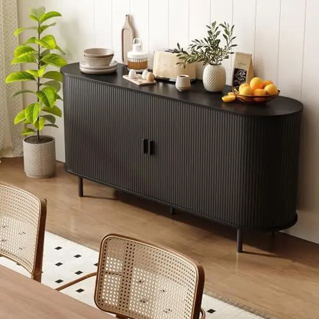 Alt view image 6 of 7 - ONBRILL 63" Sideboard Buffet Cabinet with Storage, Storage Cabinet with Sliding Door & Adjustable Shelf, Modern Accent Coffee Bar Console Table for Kitchen, Entryway, Black