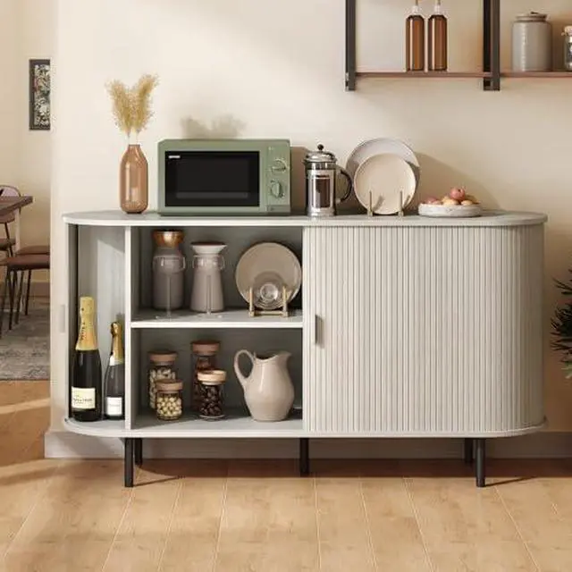 Alt view image 5 of 7 - ONBRILL 55" Sideboard Buffet Cabinet with Storage, Storage Cabinet with Sliding Door & Adjustable Shelf, Modern Accent Coffee Bar Console Table for Kitchen, Entryway, Natural White