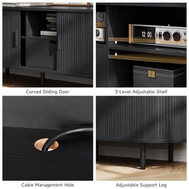 Alt view image 4 of 6 - ONBRILL 69" TV Stand with Power Outlet for TVs up to 80", Entertainment Center with Storage and Drawer, TV Console with Adjustable Shelves and Sliding Door, TV Stand for Living Room, Bedroom, Black