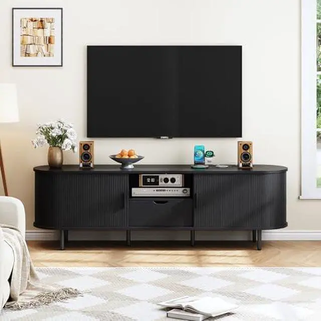 Alt view image 5 of 6 - ONBRILL 69" TV Stand with Power Outlet for TVs up to 80", Entertainment Center with Storage and Drawer, TV Console with Adjustable Shelves and Sliding Door, TV Stand for Living Room, Bedroom, Black