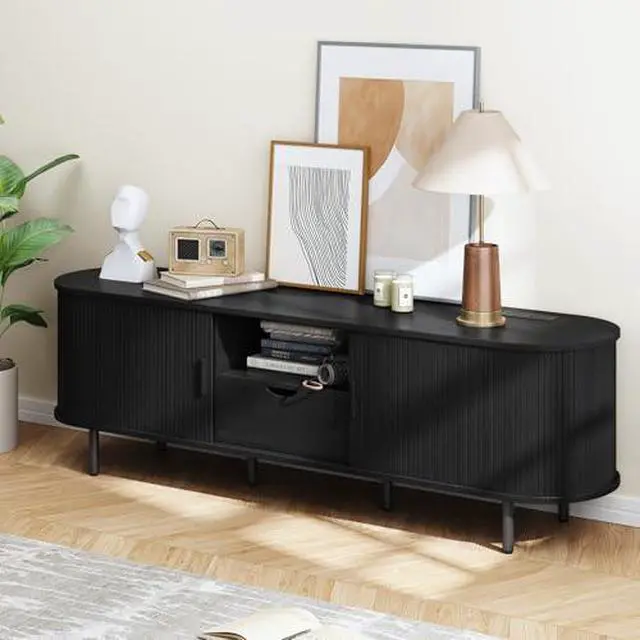 Alt view image 6 of 6 - ONBRILL 69" TV Stand with Power Outlet for TVs up to 80", Entertainment Center with Storage and Drawer, TV Console with Adjustable Shelves and Sliding Door, TV Stand for Living Room, Bedroom, Black