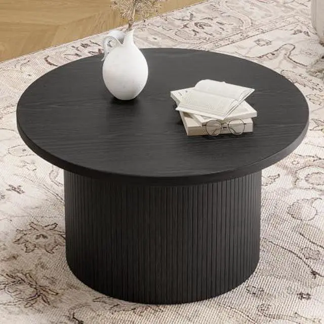 Alt view image 4 of 7 - ONBRILL 31.5" Round Coffee Table, Tambour Design Coffee Tables for Living Room, Mid Century Modern Wood Coffee Table, Drum Accent Small Center Table, Black