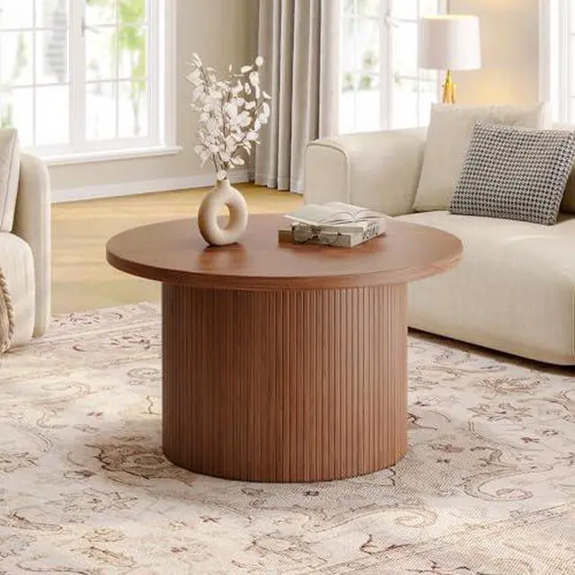 Alt view image 3 of 7 - ONBRILL 31.5" Round Coffee Table, Tambour Design Coffee Tables for Living Room, Mid Century Modern Wood Coffee Table, Drum Accent Small Center Table, Walnut
