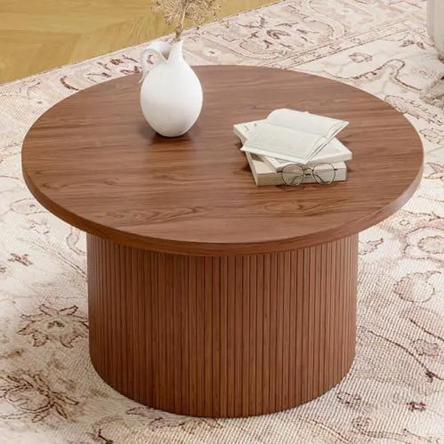 Alt view image 4 of 7 - ONBRILL 31.5" Round Coffee Table, Tambour Design Coffee Tables for Living Room, Mid Century Modern Wood Coffee Table, Drum Accent Small Center Table, Walnut