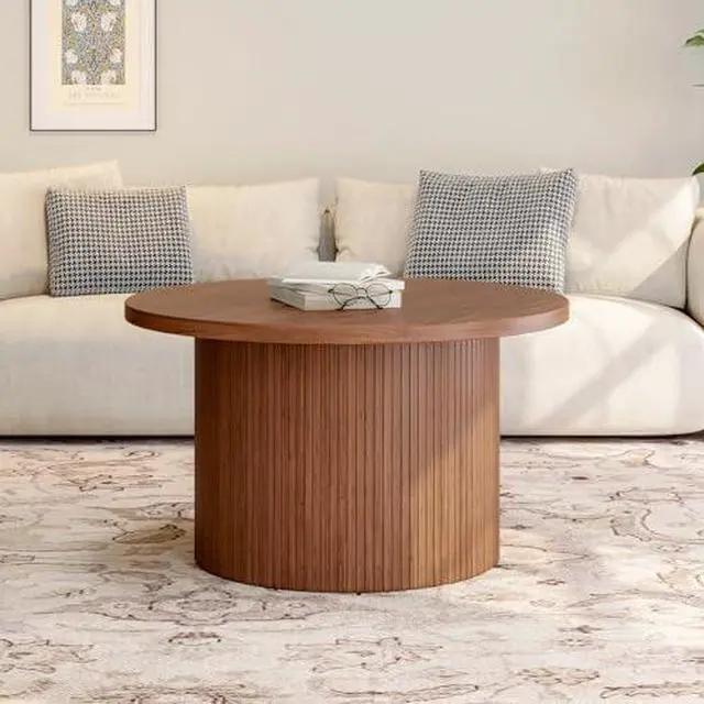 Alt view image 5 of 7 - ONBRILL 31.5" Round Coffee Table, Tambour Design Coffee Tables for Living Room, Mid Century Modern Wood Coffee Table, Drum Accent Small Center Table, Walnut