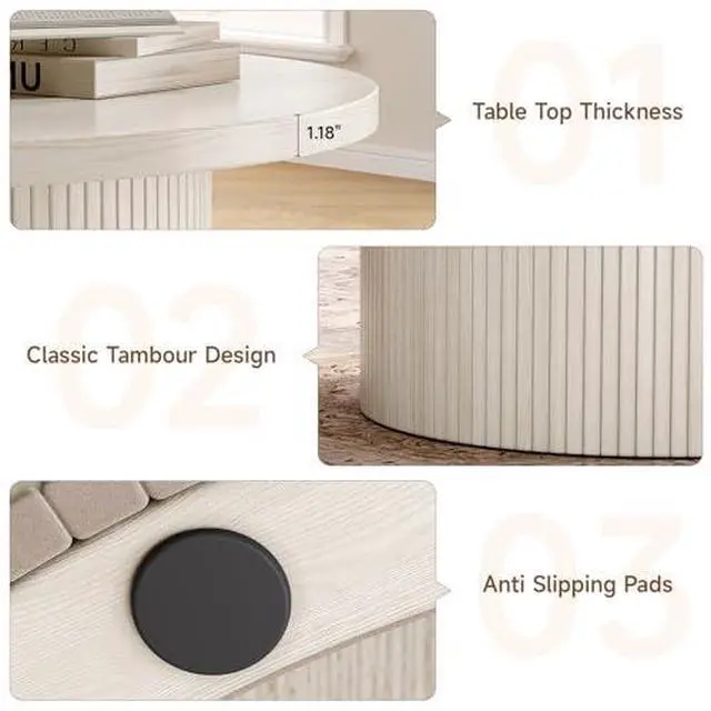 Alt view image 5 of 6 - ONBRILL 31.5" Round Coffee Table, Tambour Design Coffee Tables for Living Room, Mid Century Modern Wood Coffee Table, Drum Accent Small Center Table, Natural White