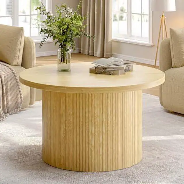 Main image of ONBRILL 31.5" Round Coffee Table, Tambour Design Coffee Tables for Living Room, Mid Century Modern Wood Coffee Table, Drum Accent Small Center Table, Oak