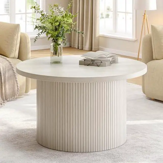 Main image of ONBRILL 31.5" Round Coffee Table, Tambour Design Coffee Tables for Living Room, Mid Century Modern Wood Coffee Table, Drum Accent Small Center Table, Natural White