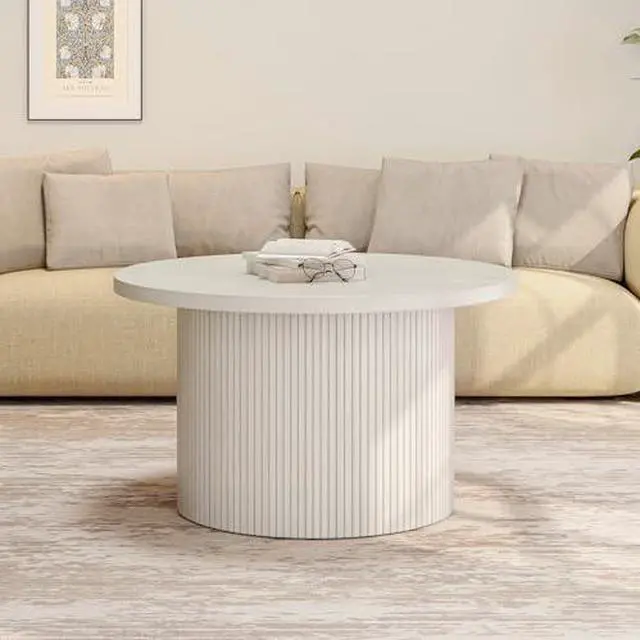 Alt view image 4 of 6 - ONBRILL 31.5" Round Coffee Table, Tambour Design Coffee Tables for Living Room, Mid Century Modern Wood Coffee Table, Drum Accent Small Center Table, Natural White