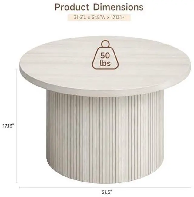 Alt view image 2 of 6 - ONBRILL 31.5" Round Coffee Table, Tambour Design Coffee Tables for Living Room, Mid Century Modern Wood Coffee Table, Drum Accent Small Center Table, Natural White