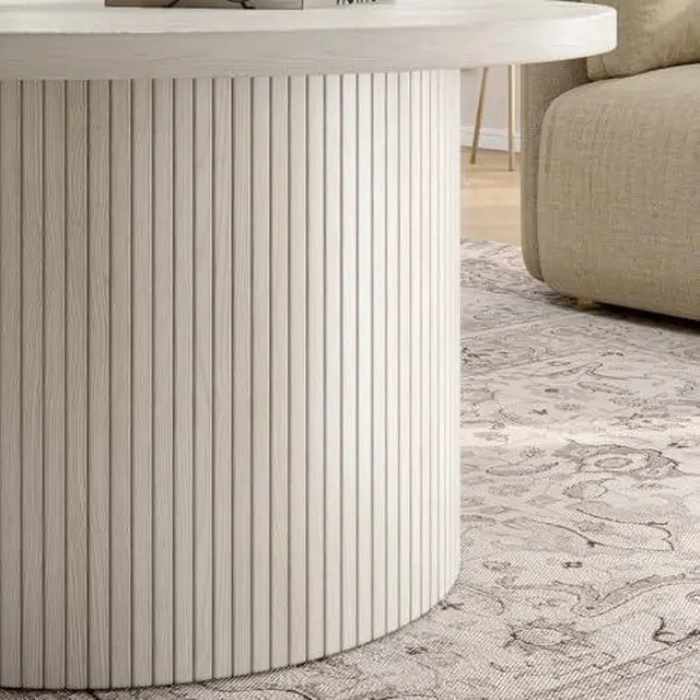 Alt view image 6 of 6 - ONBRILL 31.5" Round Coffee Table, Tambour Design Coffee Tables for Living Room, Mid Century Modern Wood Coffee Table, Drum Accent Small Center Table, Natural White
