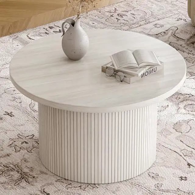 Alt view image 3 of 6 - ONBRILL 31.5" Round Coffee Table, Tambour Design Coffee Tables for Living Room, Mid Century Modern Wood Coffee Table, Drum Accent Small Center Table, Natural White