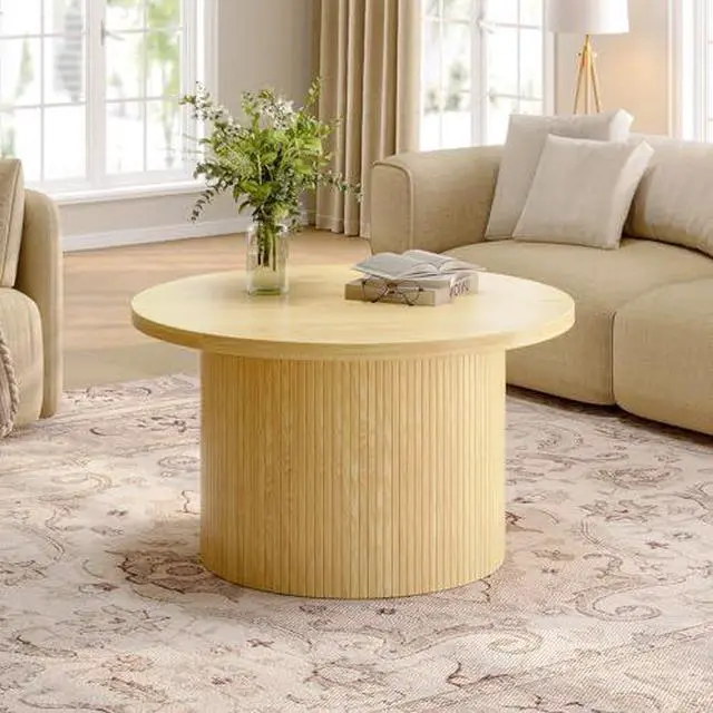 Alt view image 3 of 7 - ONBRILL 31.5" Round Coffee Table, Tambour Design Coffee Tables for Living Room, Mid Century Modern Wood Coffee Table, Drum Accent Small Center Table, Oak