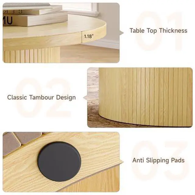 Alt view image 6 of 7 - ONBRILL 31.5" Round Coffee Table, Tambour Design Coffee Tables for Living Room, Mid Century Modern Wood Coffee Table, Drum Accent Small Center Table, Oak