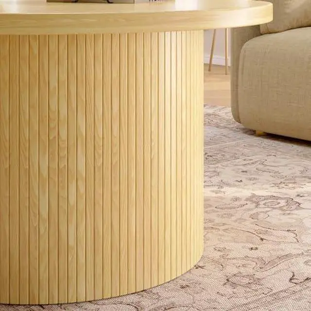 Alt view image 7 of 7 - ONBRILL 31.5" Round Coffee Table, Tambour Design Coffee Tables for Living Room, Mid Century Modern Wood Coffee Table, Drum Accent Small Center Table, Oak