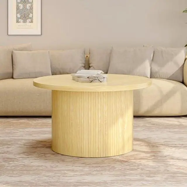 Alt view image 5 of 7 - ONBRILL 31.5" Round Coffee Table, Tambour Design Coffee Tables for Living Room, Mid Century Modern Wood Coffee Table, Drum Accent Small Center Table, Oak