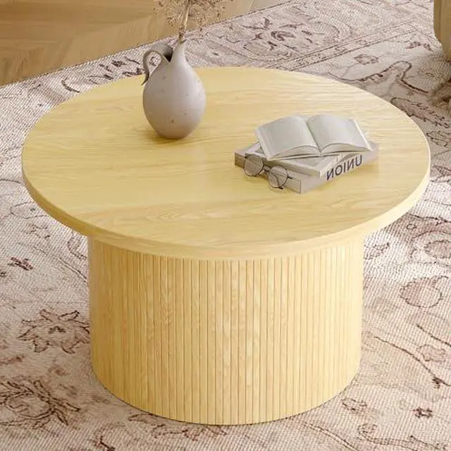 Alt view image 4 of 7 - ONBRILL 31.5" Round Coffee Table, Tambour Design Coffee Tables for Living Room, Mid Century Modern Wood Coffee Table, Drum Accent Small Center Table, Oak