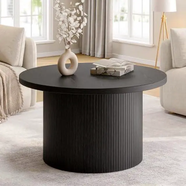 Main image of ONBRILL 31.5" Round Coffee Table, Tambour Design Coffee Tables for Living Room, Mid Century Modern Wood Coffee Table, Drum Accent Small Center Table, Black