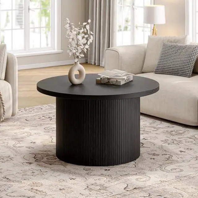 Alt view image 3 of 7 - ONBRILL 31.5" Round Coffee Table, Tambour Design Coffee Tables for Living Room, Mid Century Modern Wood Coffee Table, Drum Accent Small Center Table, Black