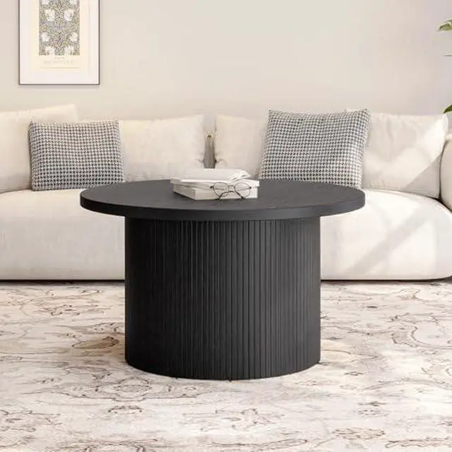 Alt view image 5 of 7 - ONBRILL 31.5" Round Coffee Table, Tambour Design Coffee Tables for Living Room, Mid Century Modern Wood Coffee Table, Drum Accent Small Center Table, Black