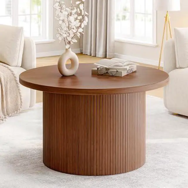 Main image of ONBRILL 31.5" Round Coffee Table, Tambour Design Coffee Tables for Living Room, Mid Century Modern Wood Coffee Table, Drum Accent Small Center Table, Walnut