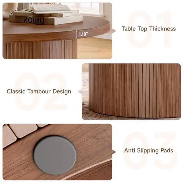 Alt view image 6 of 7 - ONBRILL 31.5" Round Coffee Table, Tambour Design Coffee Tables for Living Room, Mid Century Modern Wood Coffee Table, Drum Accent Small Center Table, Walnut