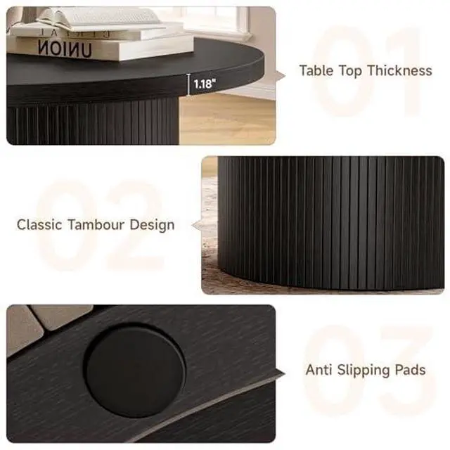 Alt view image 6 of 7 - ONBRILL 31.5" Round Coffee Table, Tambour Design Coffee Tables for Living Room, Mid Century Modern Wood Coffee Table, Drum Accent Small Center Table, Black