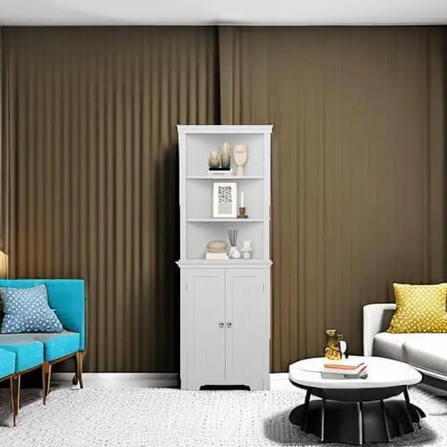 Alt view image 6 of 7 - Corner Cabinet Corner Bathroom Cabinet with 2 Doors and 3 Tier Shelves Free Standing Corner Storage Cabinet for Bathroom, Living Room, Bedroom or Kitchen (White)