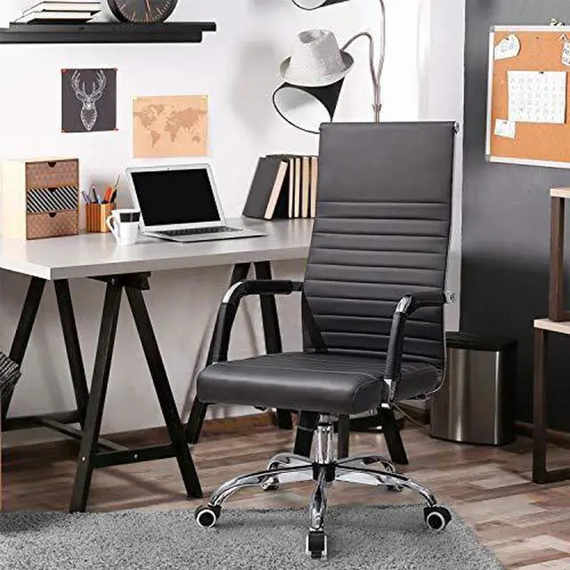 Alt view image 2 of 6 - Ribbed Office Chair High Back PU Leather Desk Chair Adjustable Swivel Task Chair Computer Chair with Armrest for Conference Study Leisure (Black)