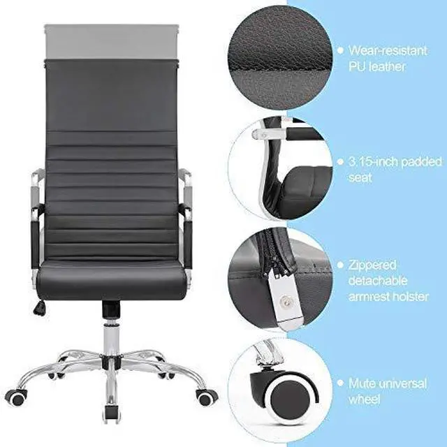 Alt view image 5 of 6 - Ribbed Office Chair High Back PU Leather Desk Chair Adjustable Swivel Task Chair Computer Chair with Armrest for Conference Study Leisure (Black)