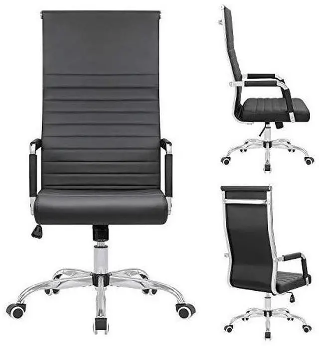 Alt view image 6 of 6 - Ribbed Office Chair High Back PU Leather Desk Chair Adjustable Swivel Task Chair Computer Chair with Armrest for Conference Study Leisure (Black)