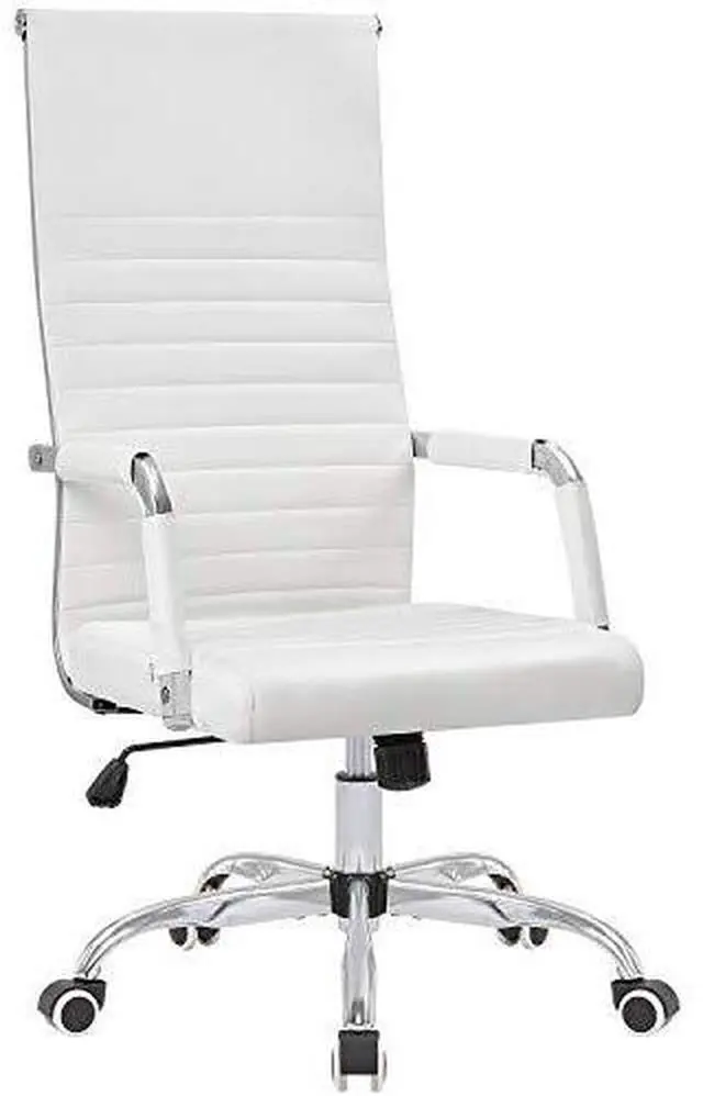 Main image of Ribbed Office High Back PU Leather Desk Adjustable Swivel Task Computer Chair with Armrest for Conference Study Leisure, White,KM-0022