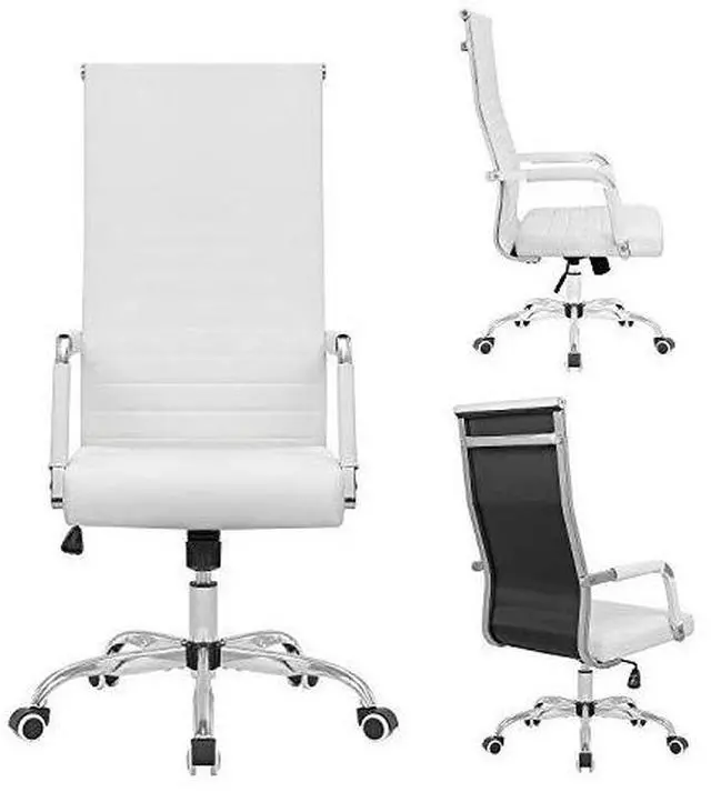 Alt view image 6 of 6 - Ribbed Office High Back PU Leather Desk Adjustable Swivel Task Computer Chair with Armrest for Conference Study Leisure, White,KM-0022