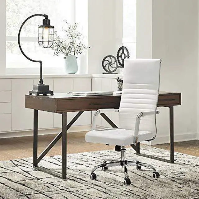Alt view image 2 of 6 - Ribbed Office High Back PU Leather Desk Adjustable Swivel Task Computer Chair with Armrest for Conference Study Leisure, White,KM-0022