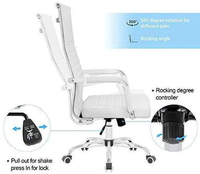 Alt view image 4 of 6 - Ribbed Office High Back PU Leather Desk Adjustable Swivel Task Computer Chair with Armrest for Conference Study Leisure, White,KM-0022