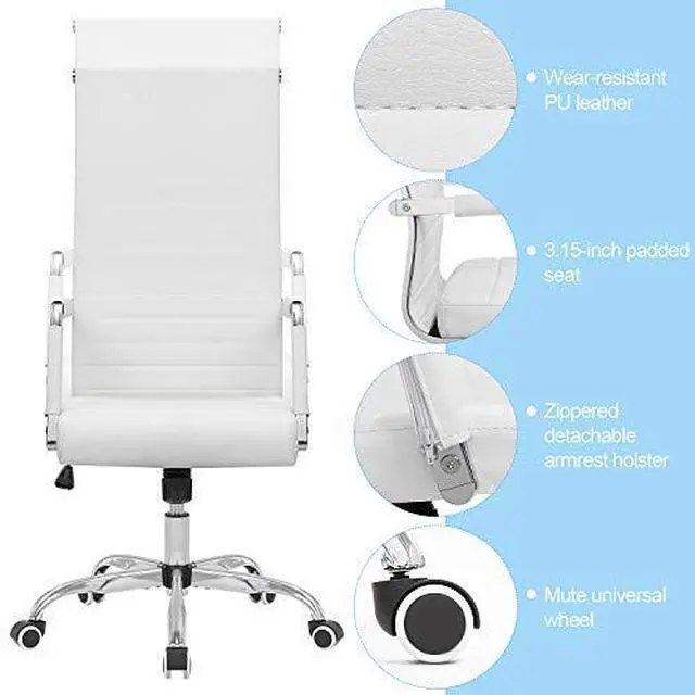 Alt view image 5 of 6 - Ribbed Office High Back PU Leather Desk Adjustable Swivel Task Computer Chair with Armrest for Conference Study Leisure, White,KM-0022