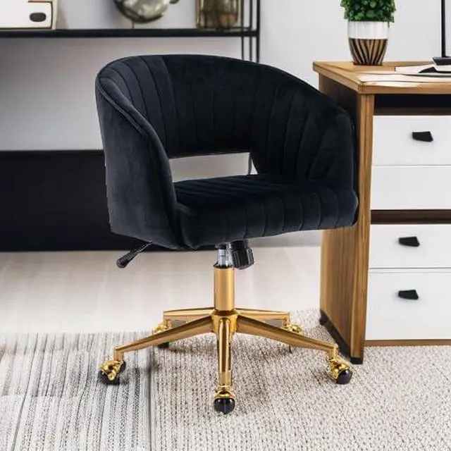 Alt view image 2 of 7 - Home Office Chair Swivel Velvet Desk Chair Accent Armchair Upholstered Modern Tufted Chairs with Gold Base for Girls Women Ergonomic Study Seat Computer Task Stools for Living Room(Black)