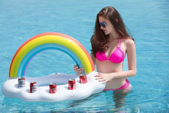 Alt view image 2 of 7 - Inflatable Pool Party Cooler - Rainbow Cloud Drink Holder Luau Hawaiian Tropical Beach Themed Birthday Easter Party Decorations Favors Outdoor Decor Pool Games Set for Kids Adults